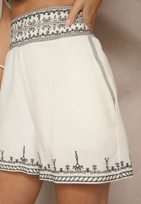 Renee - Czarno-Kremowe Szorty High Waist z Bawełny z Ozdobnym Haftem Korimizza. Okazja: na co dzień, na imprezę, na spacer. Stan: podwyższony. Kolor: czarny. Materiał: bawełna. Wzór: haft. Sezon: lato. Styl: casual, elegancki