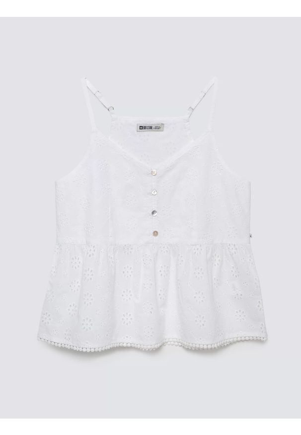 Big-Star - Top damski bawełniany haftowany biały Balbina 100. Kolor: biały. Materiał: bawełna. Długość rękawa: na ramiączkach. Wzór: haft. Sezon: lato. Styl: elegancki