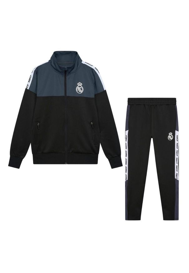 Dres piłkarski dziecięcy Real Madrid 23/24. Kolor: czarny. Materiał: dresówka. Styl: sportowy