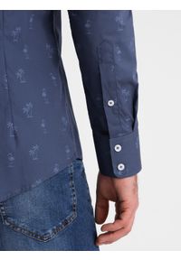 Ombre Clothing - Klasyczna męska bawełniana koszula SLIM FIT w palmy - ciemnoniebieska V5 OM-SHCS-0156 - XXL. Typ kołnierza: kołnierzyk klasyczny. Kolor: niebieski. Materiał: bawełna. Długość rękawa: długi rękaw. Długość: długie. Wzór: nadruk. Styl: klasyczny #6