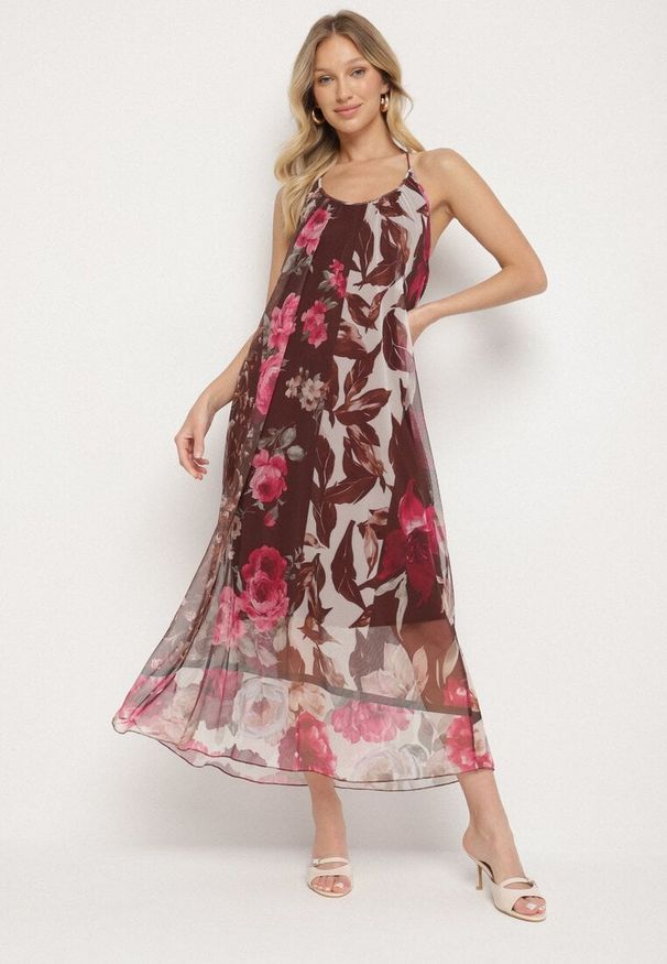 Born2be - Brązowa Siateczkowa Sukienka z Wiskozą w Kwiatowy Wzór Izaleira. Okazja: na co dzień, na imprezę. Kolor: brązowy. Materiał: wiskoza. Wzór: kwiaty. Sezon: lato. Styl: casual, elegancki