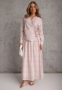 Renee - Różowy Bawełniany Komplet Rozkloszowana Spódnica i Bluzka z Wiązaniem Allisa. Kolor: różowy. Materiał: bawełna. Wzór: kratka #4