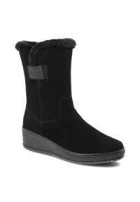 Czarne Botki Rieker Ocieplane Buty Damskie Na Koturnie. Okazja: na co dzień. Kolor: czarny. Materiał: futro, zamsz. Sezon: zima. Obcas: na koturnie. Styl: casual, klasyczny, elegancki