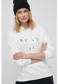 Roxy bluza damska kolor biały z kapturem z nadrukiem. Okazja: na co dzień. Typ kołnierza: kaptur. Kolor: biały. Materiał: dzianina, materiał. Wzór: nadruk. Styl: casual