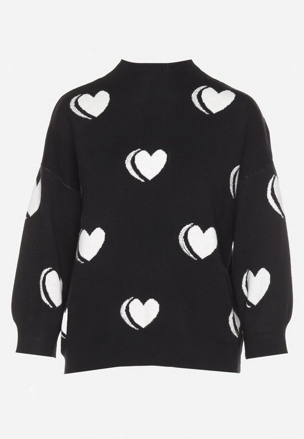Born2be - Czarno-Biały Sweter z Modalem i Wiskozą w Serca Zeanita. Okazja: na co dzień. Kolor: czarny. Materiał: wiskoza. Styl: elegancki, casual