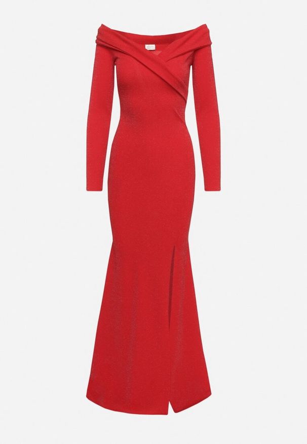 Born2be - Czerwona Dopasowana Sukienka Hiszpanka z Rozcięciem i Rozszerzanym Dołem Emilenne. Typ kołnierza: dekolt hiszpanka. Kolor: czerwony. Długość rękawa: długi rękaw. Typ sukienki: z odkrytymi ramionami. Styl: wizytowy
