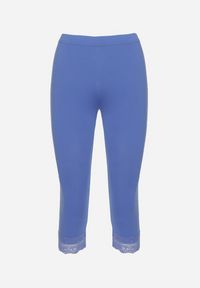 Born2be - Niebieskie Legginsy Bawełniane z Elastyczną Gumką i Koronką na Nogawkach Efrine. Kolor: niebieski. Materiał: bawełna, koronka. Wzór: koronka. Sezon: lato. Styl: klasyczny