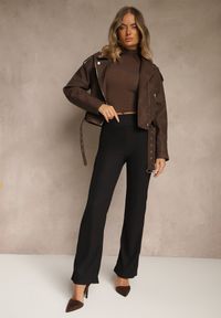 Renee - Czarne Prążkowane Spodnie High Waist z Szerokimi Nogawkami Resoda. Okazja: na co dzień. Stan: podwyższony. Kolor: czarny. Materiał: prążkowany. Długość: krótkie. Styl: casual