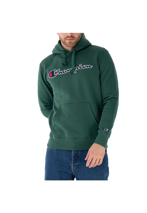 Bluza Champion Script Logo Embroidery Fleece Hoodie 217858-GS568 - zielona. Kolor: zielony. Materiał: tkanina, poliester, bawełna. Wzór: napisy. Styl: sportowy, klasyczny