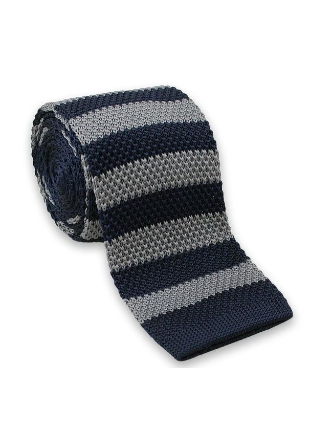 Dziergany Krawat Męski Knit w Grube Pasy, Prążki - Chattier, Granatowo-Szary. Kolor: niebieski. Materiał: poliester. Wzór: prążki, paski. Styl: sportowy