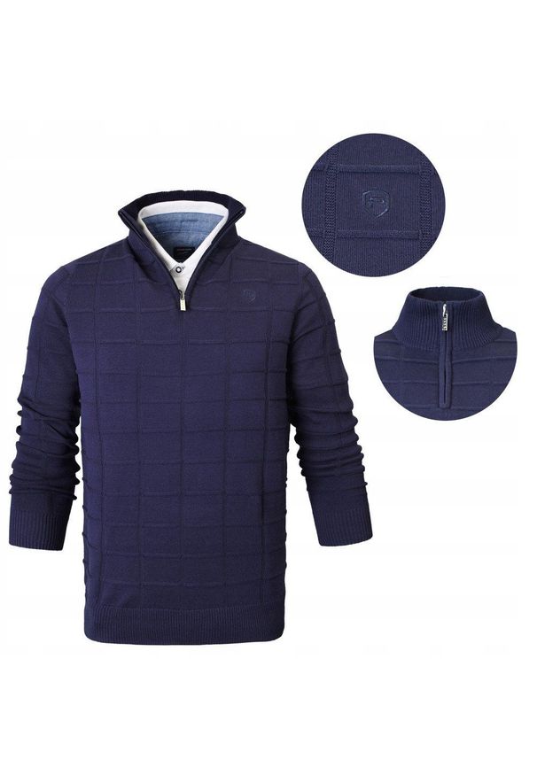 Elegancki Sweter Męski (Zamek) - Pako Jeans - Wysoki Dekolt, Granatowy. Kolor: niebieski. Materiał: bawełna. Styl: elegancki