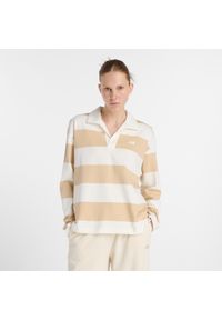 Koszulka damska New Balance WT53522DLA – beżowa. Kolor: beżowy. Materiał: bawełna, materiał. Długość rękawa: długi rękaw. Wzór: paski