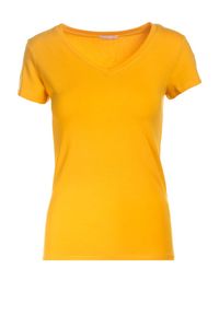 Born2be - Żółty T-shirt Nysalphia. Kolor: żółty. Materiał: dzianina, elastan, bawełna. Długość rękawa: krótki rękaw. Długość: krótkie. Styl: klasyczny