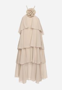 Born2be - Beżowa Sukienka z Falbanami Wiązana na Szyi z Broszką Kwiatem Tinallena. Okazja: na co dzień. Kolor: beżowy. Wzór: kwiaty. Styl: casual #6