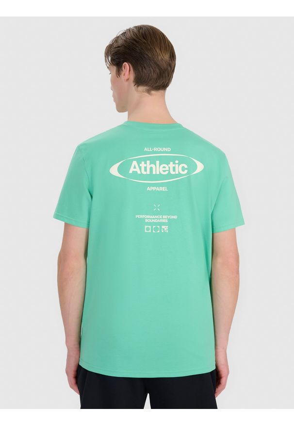 4f - 4F T-shirt regular z nadrukiem męski - zielony M. Okazja: na co dzień. Kolor: zielony. Materiał: bawełna, materiał, jersey. Długość rękawa: krótki rękaw. Długość: krótkie. Wzór: nadruk. Styl: klasyczny, sportowy, casual