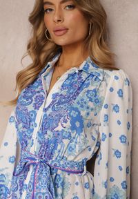 Renee - Niebieska Wiązana Sukienka z Kołnierzykiem i Gumką w Pasie Santanna. Kolor: niebieski. Materiał: materiał. Sezon: lato. Typ sukienki: koszulowe #4