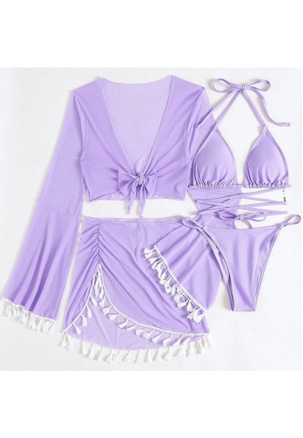 Intica - Komplet bikini z pareo i wielofunkcyjnym topem na plażę Maili. Kolor: fioletowy. Materiał: materiał. Wzór: aplikacja