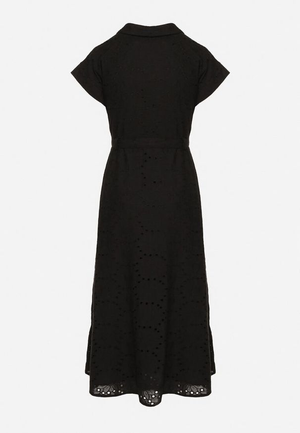 Born2be - Czarna Bawełniana Ażurowa Sukienka na Guziki o Koszulowym Kroju Wiązana Paskiem Grosofia. Okazja: na co dzień. Kolor: czarny. Materiał: bawełna. Wzór: ażurowy. Sezon: lato. Typ sukienki: koszulowe. Styl: klasyczny, casual, elegancki