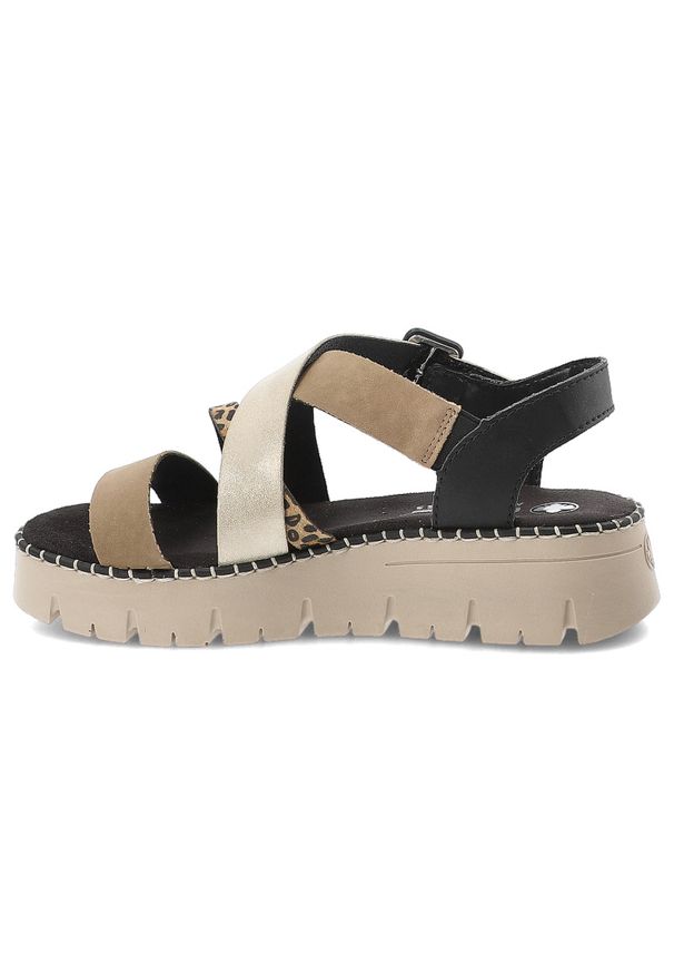 Sandały damskie Rieker, cholewka ze skóry ekologicznej z ozdobnymi paskami i motywem zwierzęcym regulowane zapięcie na sprzączkę, multi, V1063-90. Okazja: na co dzień, na spacer. Zapięcie: pasek. Kolor: beżowy. Materiał: skóra ekologiczna. Wzór: motyw zwierzęcy. Sezon: lato. Styl: wakacyjny, casual, elegancki