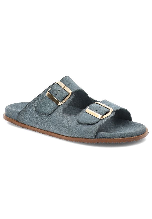 Niebieskie Klapki Hee Skórzane Obuwie Damskie. Okazja: na co dzień. Kolor: niebieski. Materiał: skóra. Sezon: lato. Styl: casual, wakacyjny