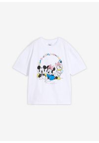 bonprix - T-shirt oversize z nadrukiem Myszki Miki, z czystej bawełny. Kolor: biały. Materiał: bawełna. Długość rękawa: krótki rękaw. Długość: krótkie. Wzór: nadruk #1