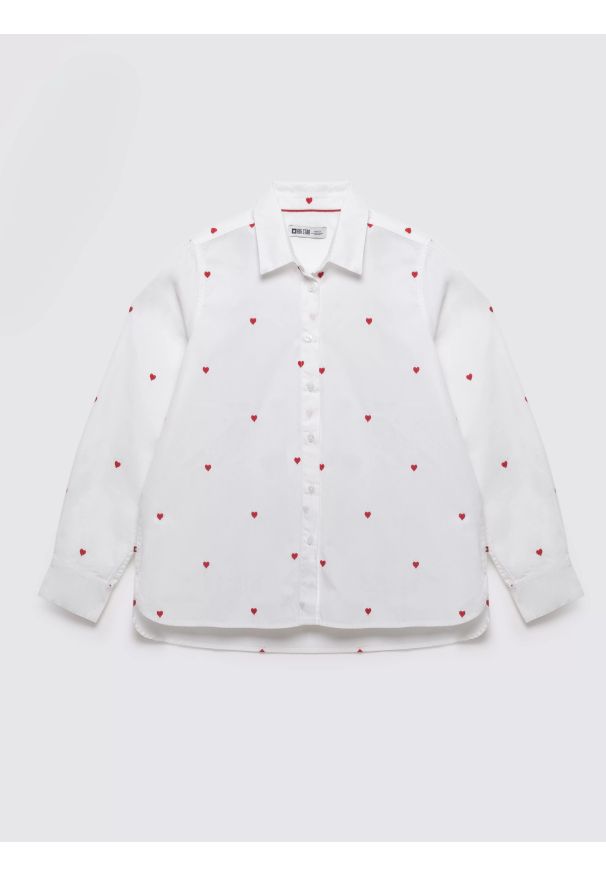 Big-Star - Koszula damska z wyhaftowanymi serduszkami biała Erin 100. Kolor: biały. Materiał: bawełna. Wzór: haft. Styl: elegancki