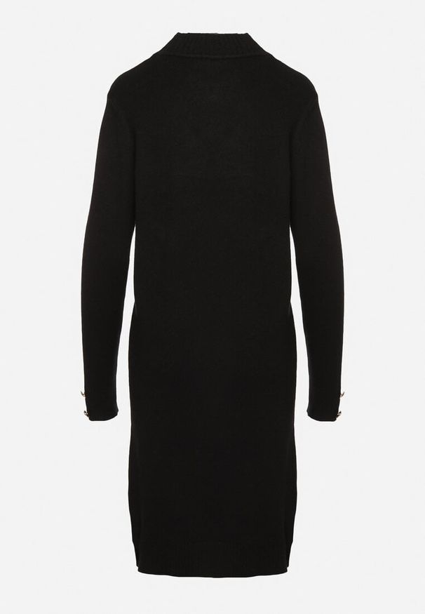 Born2be - Czarna Sweterkowa Sukienka z Modalem i Wiskozą Ozdobiona Guzikami Hesalttia. Okazja: na co dzień. Kolor: czarny. Materiał: wiskoza. Długość rękawa: długi rękaw. Wzór: aplikacja. Typ sukienki: proste. Styl: casual, elegancki