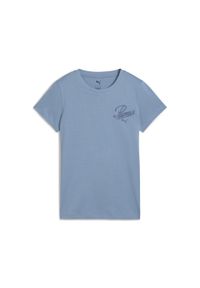 Puma - Damska koszulka ESS SCRIPT PUMA Cool Blue. Kolor: niebieski. Wzór: haft. Sport: fitness