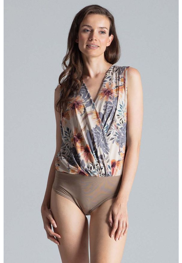 Figl - Eleganckie Kopertowe Body bez Rękawów Wzór 108. Materiał: elastan, wiskoza, poliester. Długość rękawa: bez rękawów. Styl: elegancki