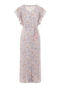 Born2be - Różowo-Jasnoszara Sukienka Lanby. Typ kołnierza: kołnierz z falbankami. Kolor: różowy. Materiał: materiał. Wzór: aplikacja, kwiaty, nadruk. Styl: elegancki. Długość: maxi #6
