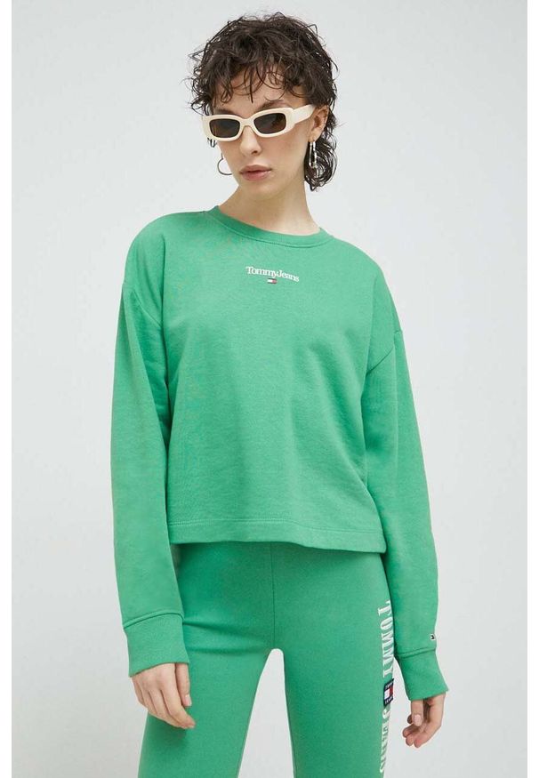Tommy Jeans bluza damska kolor zielony z nadrukiem. Kolor: zielony. Materiał: bawełna, dzianina. Wzór: nadruk