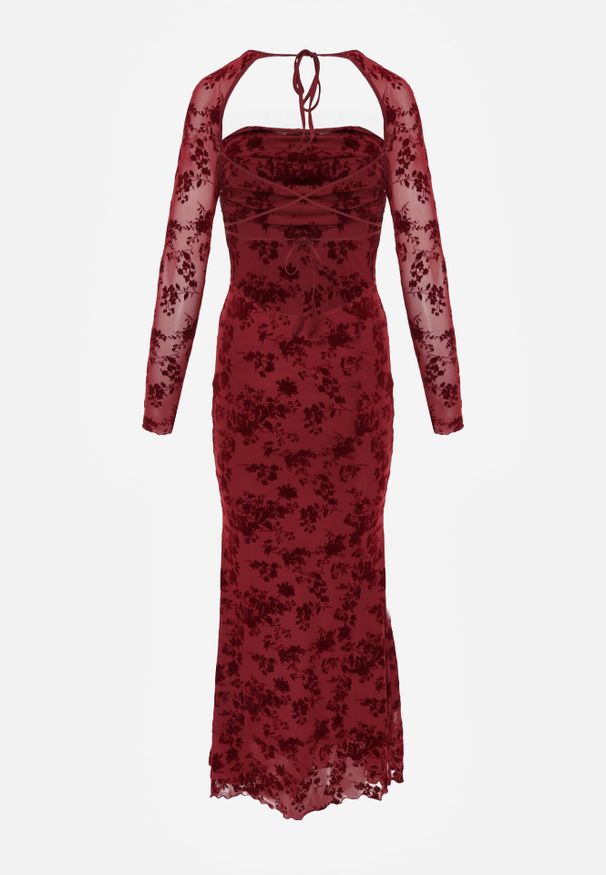 Born2be - Czerwona Dopasowana Sukienka VICES z Odkrytymi Plecami Ozdobiona Tiulową Koronką Ravita. Okazja: na randkę. Typ kołnierza: dekolt kwadratowy. Kolor: czerwony. Materiał: tiul, koronka. Wzór: aplikacja, koronka. Typ sukienki: dopasowane. Styl: elegancki