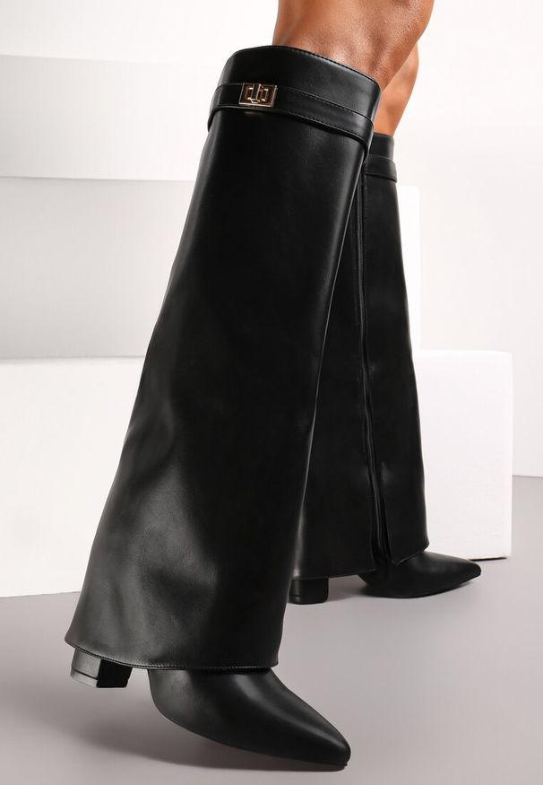 Renee - Czarne Eleganckie Kozaki z Wywiniętą Cholewką do Kolana na Słupku Lisapa. Kolor: czarny. Szerokość cholewki: normalna. Obcas: na słupku. Styl: elegancki