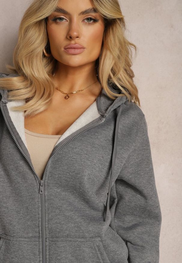 Renee - Ciemnoszara Klasyczna Bluza z Kapturem i Sznurkami Ballata. Okazja: na co dzień. Typ kołnierza: kaptur. Kolor: szary. Materiał: materiał, jeans. Długość rękawa: długi rękaw. Długość: długie. Styl: klasyczny