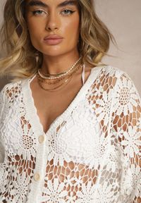 Renee - Biały Ażurowy Kardigan z Bawełny na Guziki Evipolla. Okazja: na co dzień, na spotkanie biznesowe, do pracy. Kolor: biały. Materiał: bawełna. Wzór: ażurowy. Styl: biznesowy, elegancki, casual #3