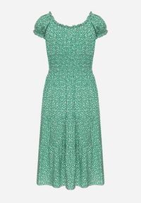 Born2be - Zielona Bawełniana Sukienka w Drobne Kwiaty z Gumkami w Talii Fielita. Kolor: zielony. Materiał: bawełna. Długość rękawa: krótki rękaw. Wzór: kwiaty. Sezon: lato. Styl: elegancki #7