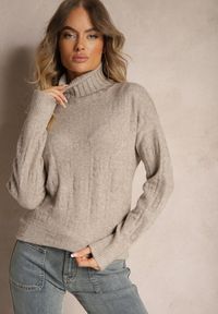 Renee - Szaro-Beżowy Golf o Klasycznym Kroju Savelle. Okazja: na co dzień. Typ kołnierza: golf. Kolor: beżowy. Materiał: jeans. Długość rękawa: długi rękaw. Długość: długie. Styl: klasyczny #5