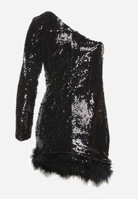 Born2be - Czarna Asymetryczna Sukienka o Dopasowanym Kroju z Cekinami i Piórami Senathira. Okazja: na imprezę. Kolor: czarny. Typ sukienki: asymetryczne. Styl: klasyczny, elegancki #3