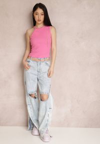 Renee - Różowy Top Metissa. Kolor: różowy. Materiał: jeans, dzianina, prążkowany. Długość rękawa: bez rękawów. Wzór: jednolity, aplikacja #4