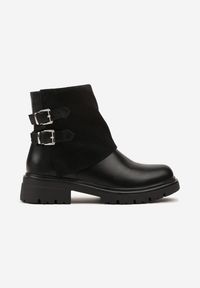 Renee - Czarne Botki Bikery z Wywiniętą Cholewką i Dwiema Klamrami Parotie. Zapięcie: klamry. Kolor: czarny. Materiał: jeans. Szerokość cholewki: normalna #3