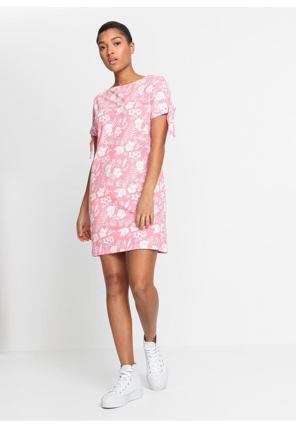 bonprix - Sukienka z dżerseju w kwiaty. Kolor: różowy. Materiał: jersey. Wzór: kwiaty