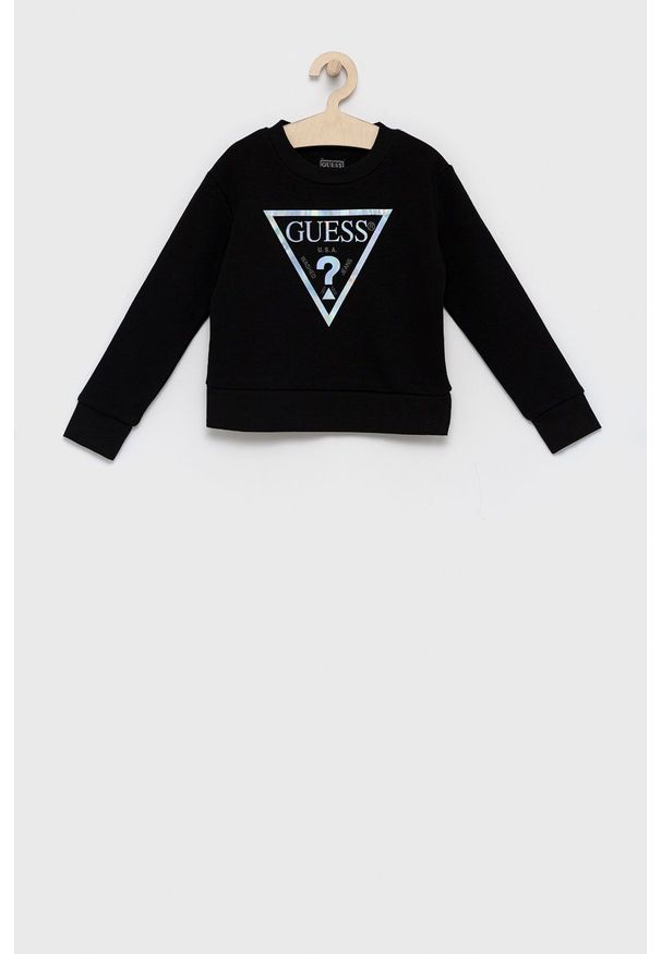 Guess Bluza dziecięca kolor czarny z nadrukiem. Kolor: czarny. Materiał: bawełna. Wzór: nadruk
