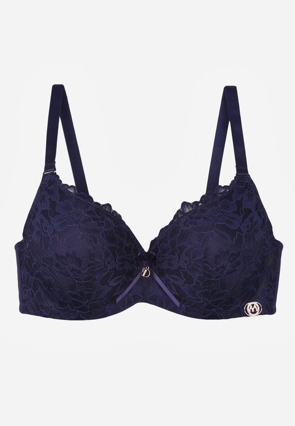 Renee - Granatowy Biustonosz Ozdobiony Koronką i Kokardką Aqiany. Kolor: niebieski. Materiał: koronka. Wzór: aplikacja, koronka