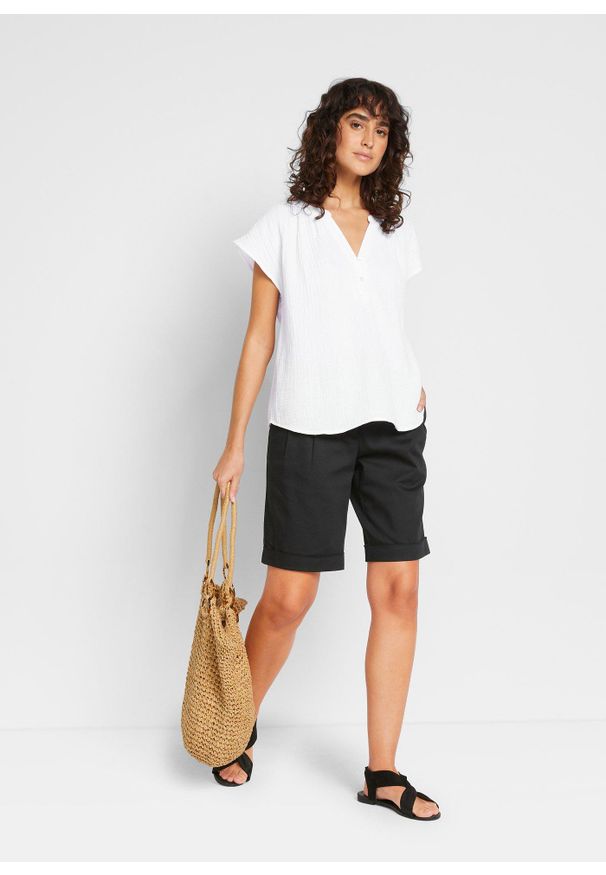 bonprix - Bluzka muślinowa z krótkim rękawem, z czystej bawełny. Typ kołnierza: dekolt w serek. Kolor: biały. Materiał: bawełna. Długość rękawa: krótki rękaw. Długość: krótkie