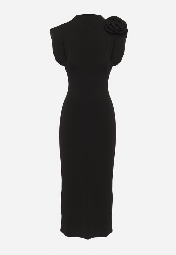 Born2be - Czarna Sukienka Midi Dopasowana z Ozdobną Broszką w Kształcie Kwiatka Agnolia. Kolor: czarny. Wzór: kwiaty. Styl: klasyczny. Długość: midi