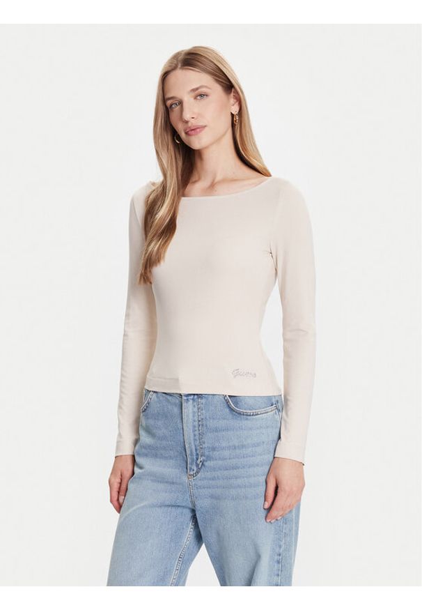 Guess Bluzka W5BP46 KCYV2 Beżowy Slim Fit. Kolor: beżowy. Materiał: wiskoza