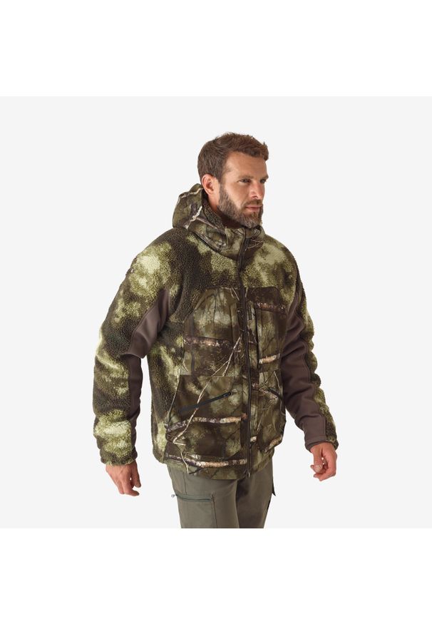 SOLOGNAC - Kurtka Solognac Warm 900 camo wodoodporna. Kolor: zielony, wielokolorowy, brązowy. Materiał: polar, materiał