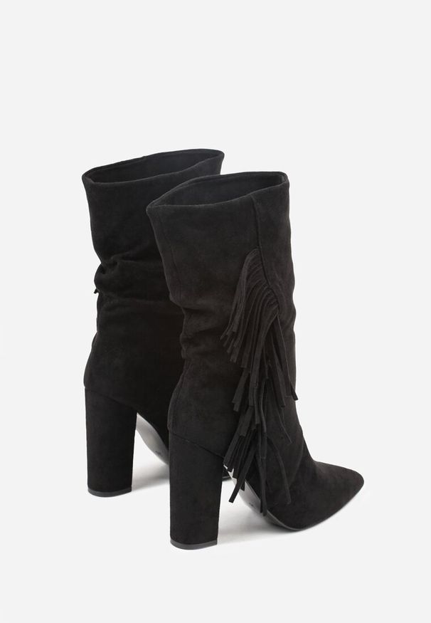 Renee - Czarne Botki Kowbojki na Słupku z Frędzlami Reisetia. Kolor: czarny. Materiał: jeans. Obcas: na słupku. Styl: elegancki