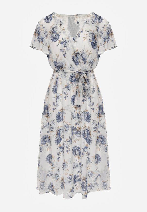 Born2be - Niebieska Romantyczna Sukienka Kopertowa z Wiązanym Paskiem i Brokatem Yael. Okazja: na co dzień, na spotkanie biznesowe, do pracy, na randkę. Kolor: niebieski. Wzór: kwiaty. Typ sukienki: kopertowe. Styl: casual, biznesowy, elegancki