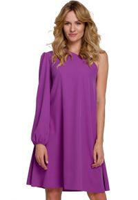 Makover - Asymetryczna sukienka na jedno ramię fioletowa. Okazja: na wesele, na imprezę, na ślub cywilny. Kolor: fioletowy. Typ sukienki: asymetryczne. Styl: wizytowy #3